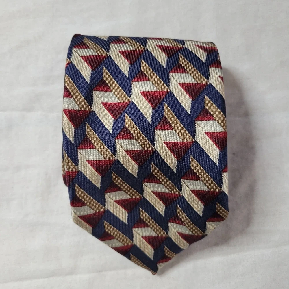Hickey Freeman Mens Silk Tie Geometric Abstract Navy Burgundy Red Hand Sewn USA